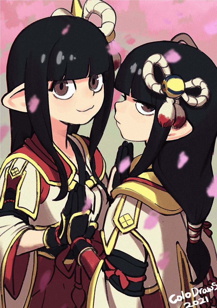 2girls bangs black_gloves black_hair blunt_bangs blush breasts closed_mouth colo_(nagrolaz) commentary english_commentary eyebrows_visible_through_hair fewer_digits gloves hair_ornament highres hinoa japanese_clothes long_hair looking_at_viewer minoto monster_hunter_(series) monster_hunter_rise multiple_girls pointy_ears siblings sidelocks simple_background sisters smile twins yellow_eyes