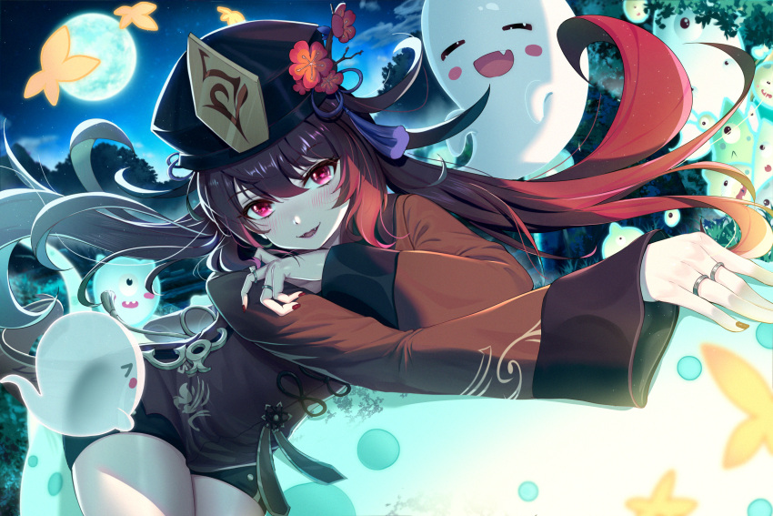 1girl bangs black_shorts brown_hair brown_shirt chinese_clothes flower genshin_impact ghost hat hat_flower highres hu_tao jiaoshoutongxue long_sleeves moon multiple_rings open_mouth plum_blossoms red_eyes shirt short_shorts shorts solo twintails wide_sleeves