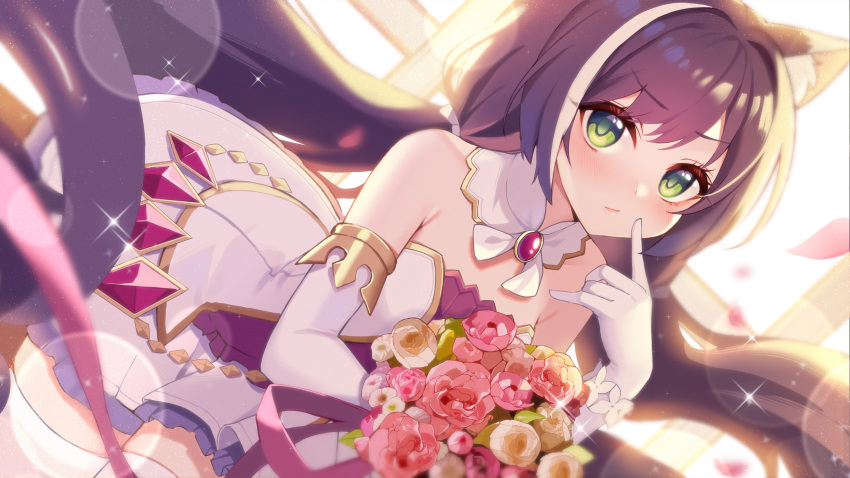 1girl animal_ear_fluff animal_ears bangs bare_shoulders bent_over black_hair blurry blurry_background blush bouquet breasts brooch cat_ears closed_mouth commentary_request depth_of_field dutch_angle elbow_gloves eyebrows_visible_through_hair flower frilled_skirt frills gloves green_eyes hasu_(velicia) highres jewelry karyl_(princess_connect!) looking_at_viewer low_twintails multicolored_hair petals pink_flower pink_rose pleated_skirt princess_connect! princess_connect!_re:dive rose skirt small_breasts solo streaked_hair thigh-highs twintails white_flower white_gloves white_hair white_legwear white_skirt window