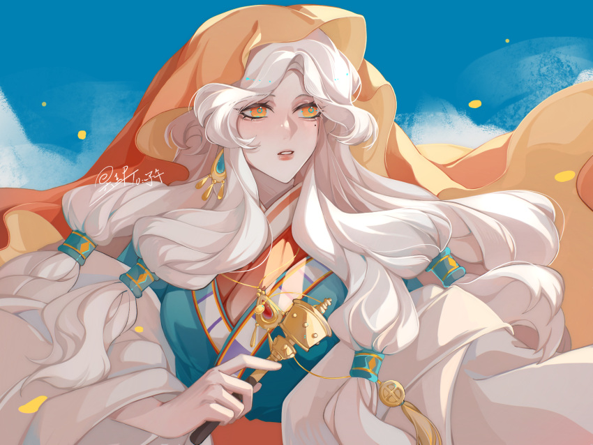 1girl chuo4016 earrings floating grey_hair highres jewelry long_hair long_sleeves looking_at_viewer low-tied_long_hair mole mole_under_eye orange_eyes outdoors sky:_children_of_the_light solo teth_(sky:_children_of_the_light) veil white_hair wind