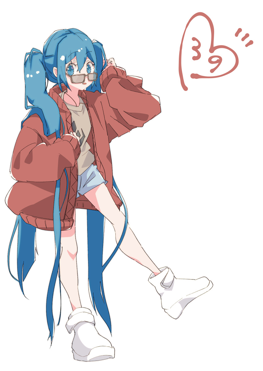1girl 39 blue_eyes blue_hair blue_shorts bokarokaku brown_shirt commentary full_body hand_in_hair hand_up hatsune_miku heart highres jacket long_hair looking_at_viewer red_jacket shirt shoes shorts sideways_glance sneakers solo suna_no_wakusei_(vocaloid) sunglasses twintails very_long_hair vocaloid walking white_background white_footwear