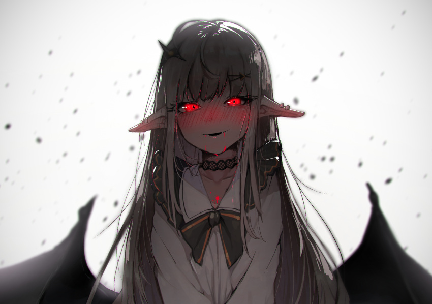 1girl :d bangs blood blush choker earrings fangs grey_hair hair_ornament highres jewelry long_hair looking_at_viewer open_mouth original pointy_ears red_eyes sd_bigpie smile solo wings