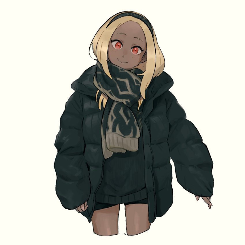 1girl blonde_hair blush coat dark_skin dark-skinned_female domodesu gloves gravity_daze hairband highres kitten_(gravity_daze) long_hair long_sleeves looking_at_viewer red_eyes scarf short_hair simple_background skirt smile solo winter winter_clothes winter_coat