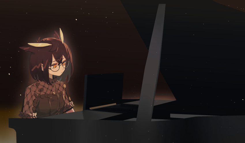 1girl arknights brown_background brown_dress dress dust_particles earrings feather_hair glasses gradient gradient_background highres instrument jewelry music orange_eyes piano playing_instrument playing_piano sheer_clothes short_hair silence_(arknights) solo zy