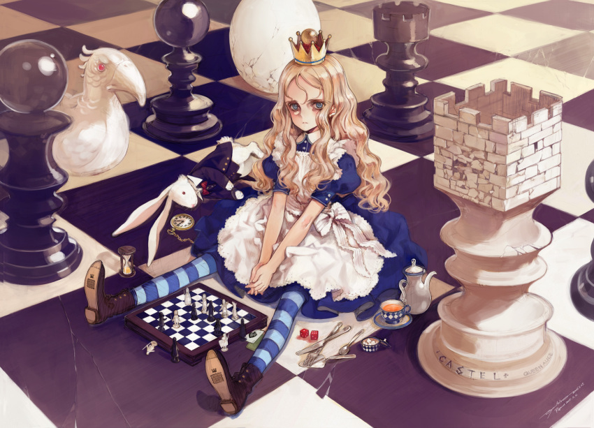 1girl alice_(wonderland) alice_in_wonderland blonde_hair blue_eyes board_game boots card chess chess_piece crown cup dice dress egg fork hat highres hourglass knife long_hair looking_at_viewer lying_card oversized_object oyari_ashito playing_card pocket_watch queen rabbit redrawn sitting solo spoon striped striped_legwear sugar_bowl sugar_cube tea teacup thigh-highs watch white_rabbit