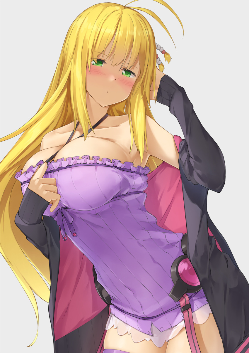 1girl antenna_hair bare_shoulders blonde_hair blush breasts collarbone cosplay cowboy_shot dress green_eyes grey_background hair_ornament highres jacket kanzen_bouon large_breasts long_hair long_sleeves looking_at_viewer namesake purple_dress purple_legwear short_dress simple_background solo strapless strapless_dress thigh-highs tsurumaki_maki tube_dress very_long_hair voiceroid yuzuki_yukari yuzuki_yukari_(cosplay)