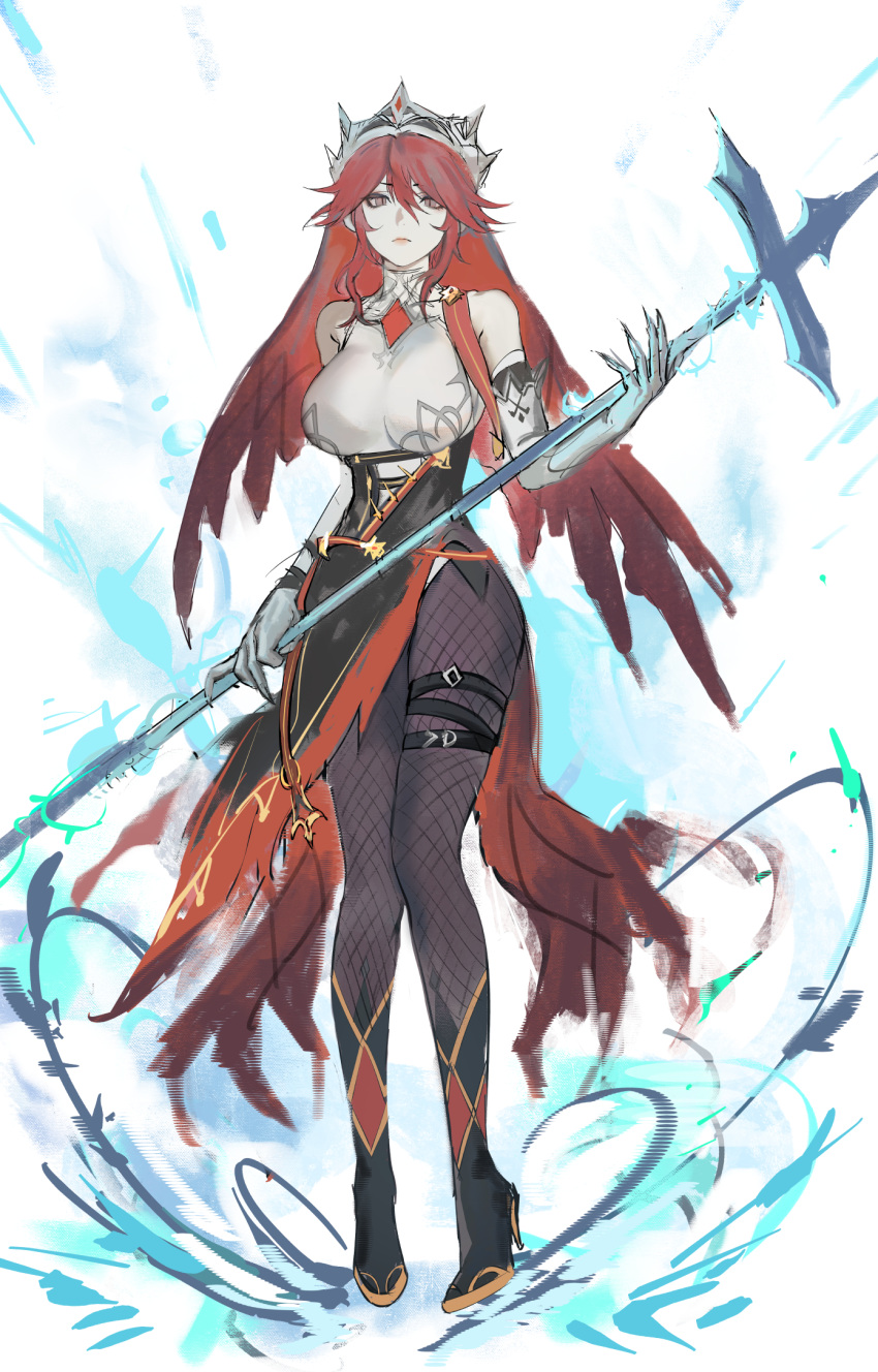 1girl bare_shoulders breasts brooch claws closed_mouth coif curvy elbow_gloves fishnet_legwear fishnets full_body genshin_impact gloves habit highres holding holding_polearm holding_spear holding_weapon jewelry large_breasts long_hair pantyhose polearm red_eyes redhead rosaria_(genshin_impact) skirt sleeveless sleeveless_turtleneck solo spear standing thigh_strap tiara turtleneck weapon zxcqxxw