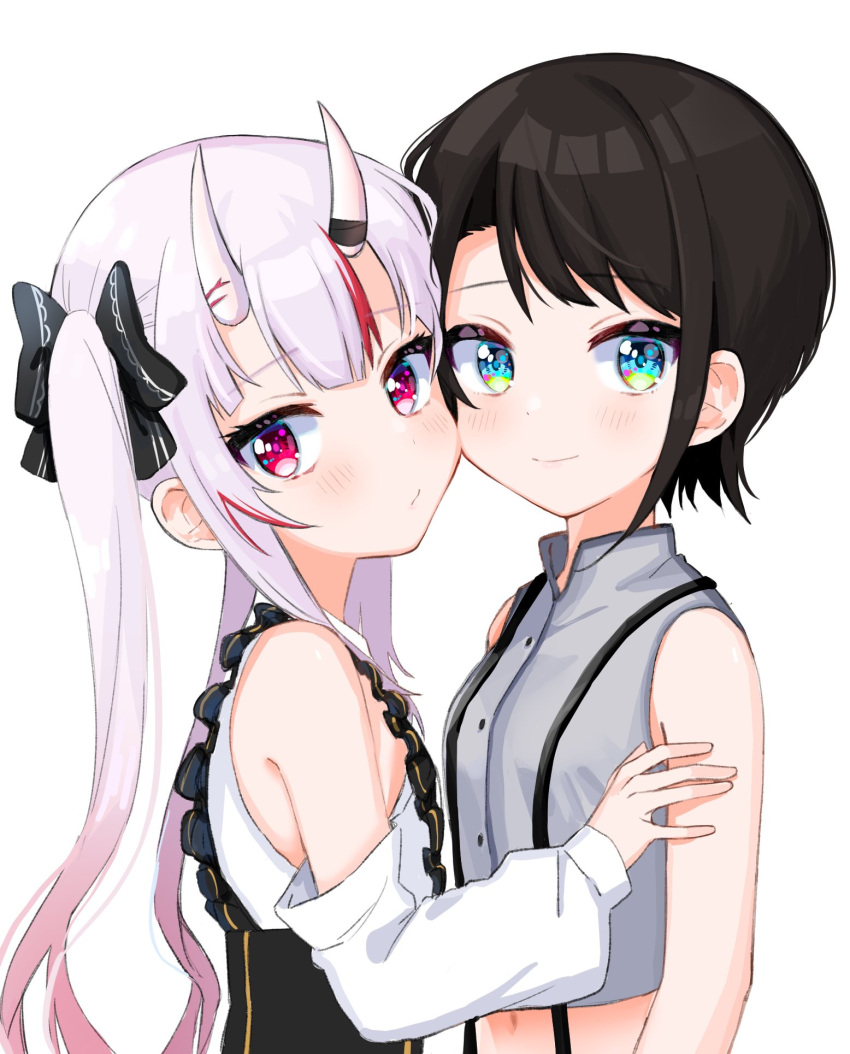 2girls bangs black_dress blue_eyes blush breasts cheek-to-cheek closed_mouth detached_sleeves dress eyebrows_visible_through_hair eyelashes frilled_dress frills grey_hair grey_shirt hand_on_another's_arm highres hololive horns kirome_toru_2 long_hair looking_at_viewer multicolored_hair multiple_girls nakiri_ayame navel official_alternate_costume oni oni_horns oozora_subaru red_eyes redhead shirt short_hair sidelocks simple_background sleeveless small_breasts smile streaked_hair suspenders swept_bangs twintails upper_body virtual_youtuber white_background