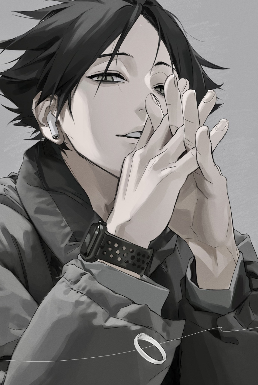 1boy airpods bangs black_hair grey_background grey_eyes haikyuu!! headphones highres jacket keki_chogyegi long_sleeves looking_at_viewer male_focus parted_lips short_hair simple_background solo suna_rintarou upper_body watch watch