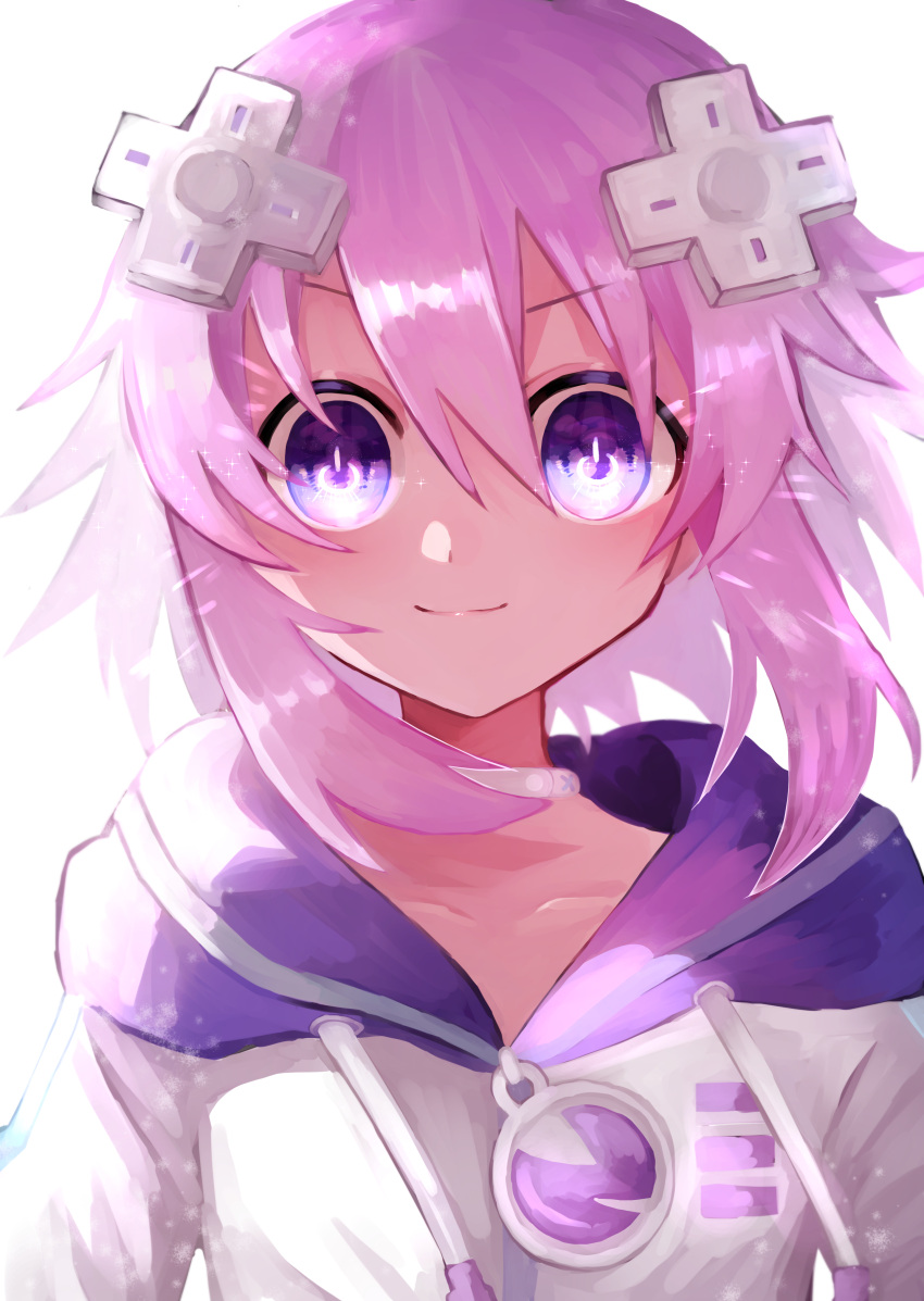 1girl absurdres blush choker collarbone d-pad d-pad_hair_ornament eyebrows_visible_through_hair eyes_visible_through_hair hair_between_eyes hair_ornament highres long_sleeves looking_at_viewer medium_hair neptune_(neptune_series) neptune_(series) open_mouth purple_hair rairai_(light) smile solo upper_body violet_eyes white_choker