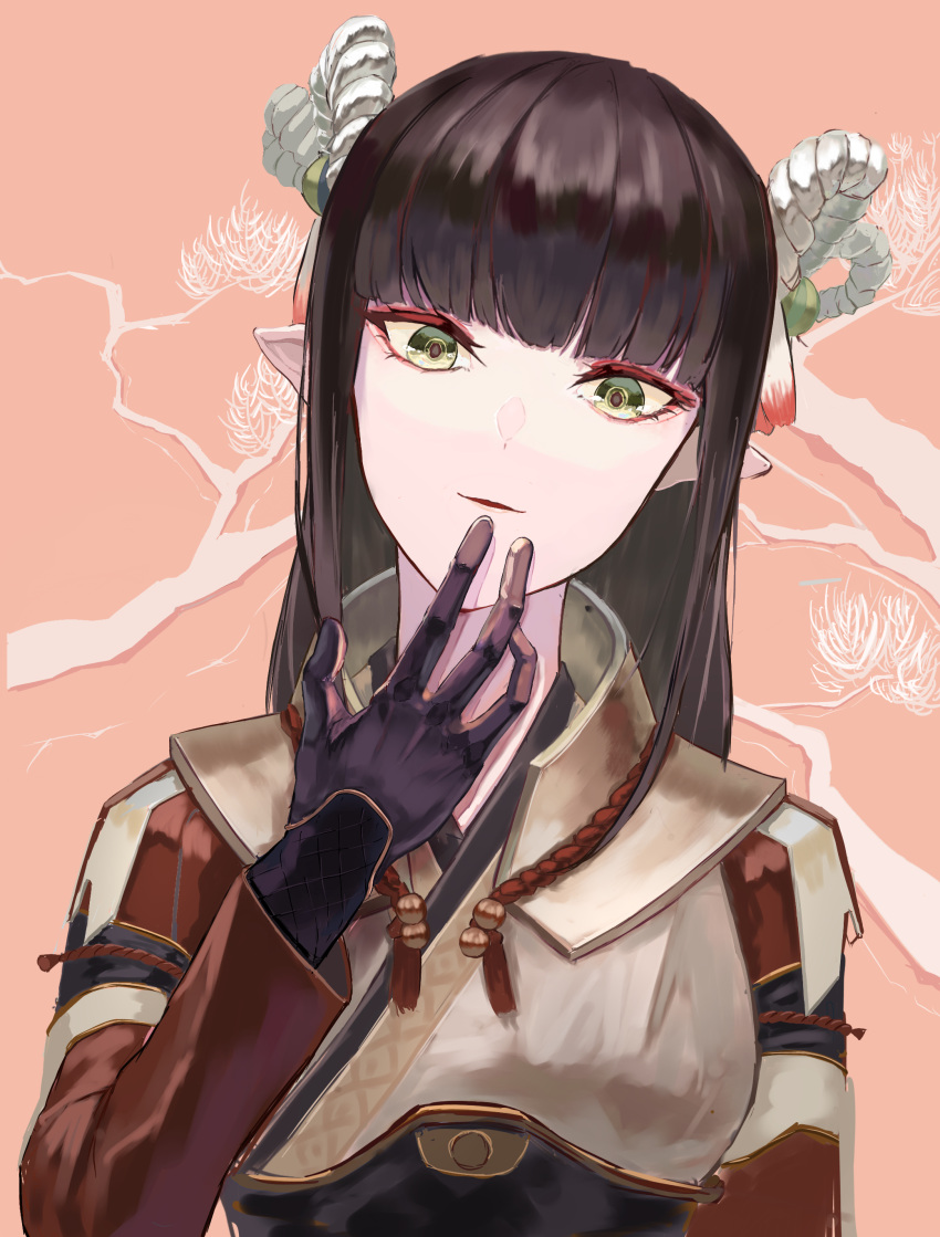 1girl absurdres artist_request bangs black_gloves black_hair blunt_bangs blush closed_mouth eyebrows_visible_through_hair fewer_digits gloves hair_ornament highres japanese_clothes long_hair looking_at_viewer minoto monster_hunter_(series) monster_hunter_rise pointy_ears sidelocks solo yellow_eyes