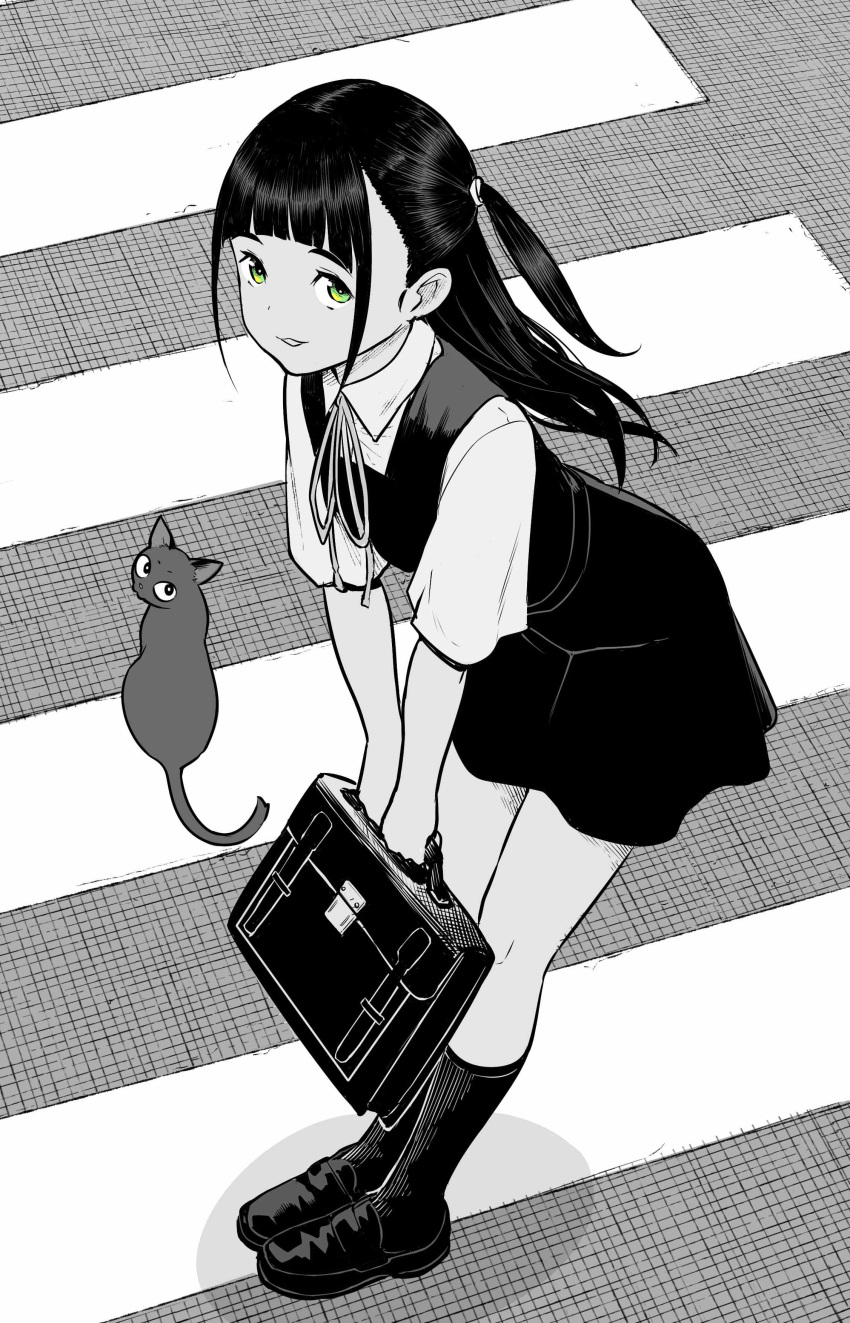 1girl absurdres bag bangs black_dress black_hair black_legwear briefcase chito_(flying_witch) collared_shirt commentary dress dress_shirt flying_witch from_above green_eyes greyscale highres ishizuka_chihiro kowata_makoto leaning_forward loafers long_hair looking_at_viewer monochrome neck_ribbon official_art pinafore_dress ribbon school_bag school_uniform shirt shoes short_sleeves sideways_glance smile socks solo straight_hair thick_eyebrows white_shirt younger