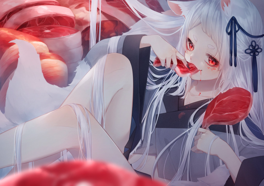 1girl animal_ears bare_shoulders black_nails blood blood_on_face bloody_clothes blue_ribbon blurry blurry_foreground collarbone commentary_request copyright_request depth_of_field eating fingernails food food_in_mouth fox_ears fox_tail grey_kimono hair_ribbon hands_up highres holding holding_food japanese_clothes kimono kitsune long_hair long_sleeves looking_at_viewer meat multiple_tails nail_polish red_eyes ribbon short_eyebrows solo tail thick_eyebrows tsuki_mitsu very_long_hair white_hair wide_sleeves