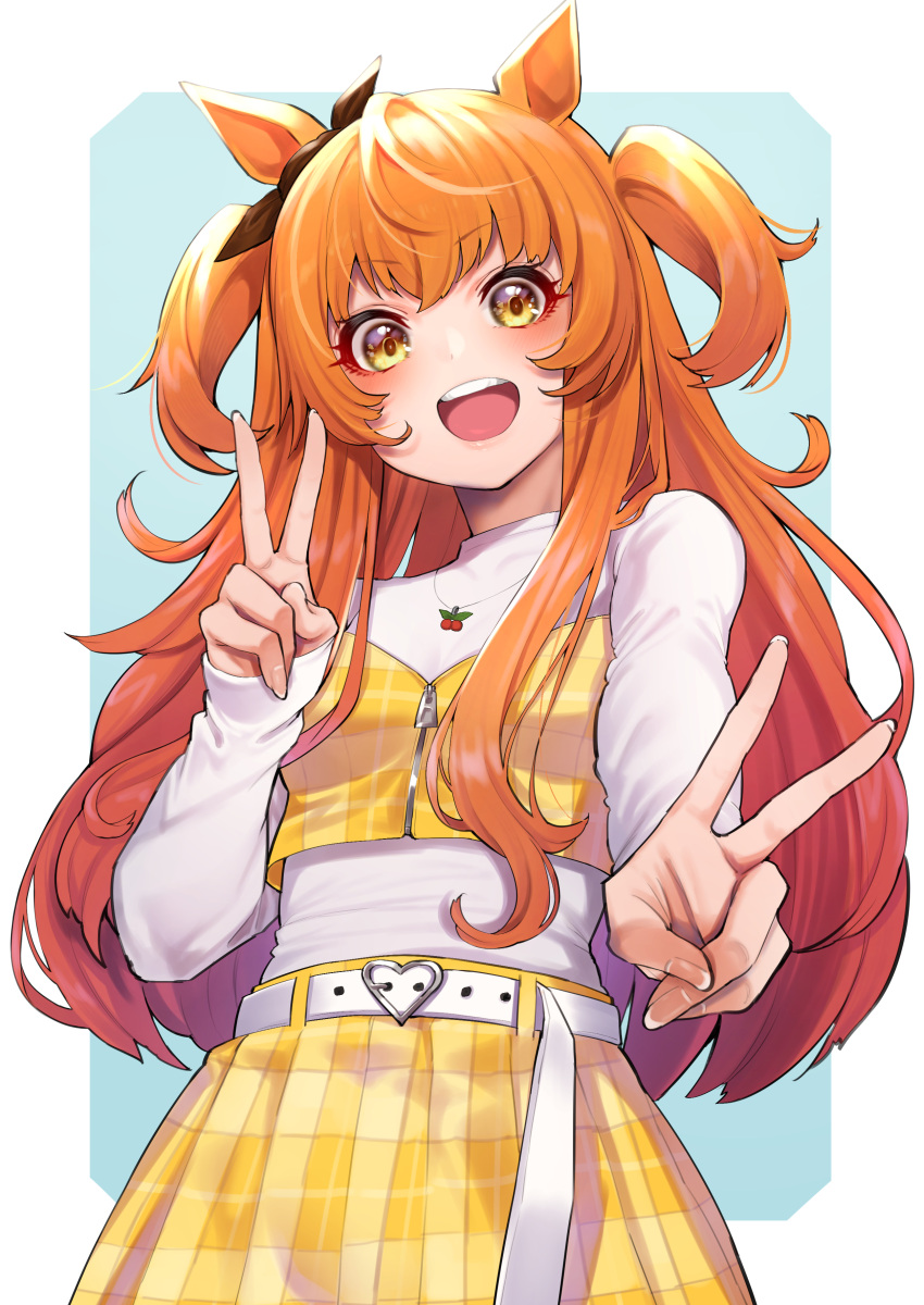 1girl :d absurdres animal_ears blue_background breasts commentary_request double_v eyebrows_visible_through_hair highres horse_ears horse_girl jewelry long_hair long_sleeves looking_at_viewer mayano_top_gun_(umamusume) mikan_(chipstar182) open_mouth orange_hair pendant small_breasts smile solo twintails two-tone_background two_side_up umamusume upper_body v white_background yellow_eyes