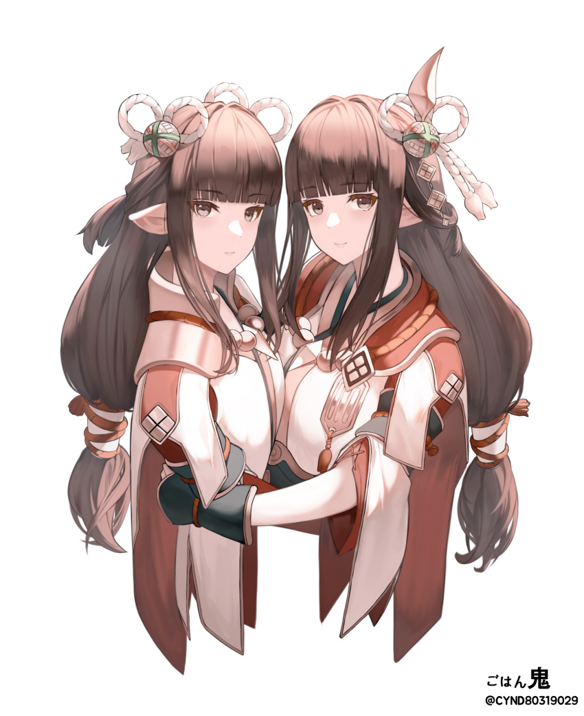 2girls absurdres bangs black_gloves black_hair blunt_bangs closed_mouth cynd eyebrows_visible_through_hair gloves hair_ornament highres hinoa hug japanese_clothes long_hair looking_at_viewer minoto monster_hunter_(series) monster_hunter_rise multiple_girls siblings sisters twins yellow_eyes