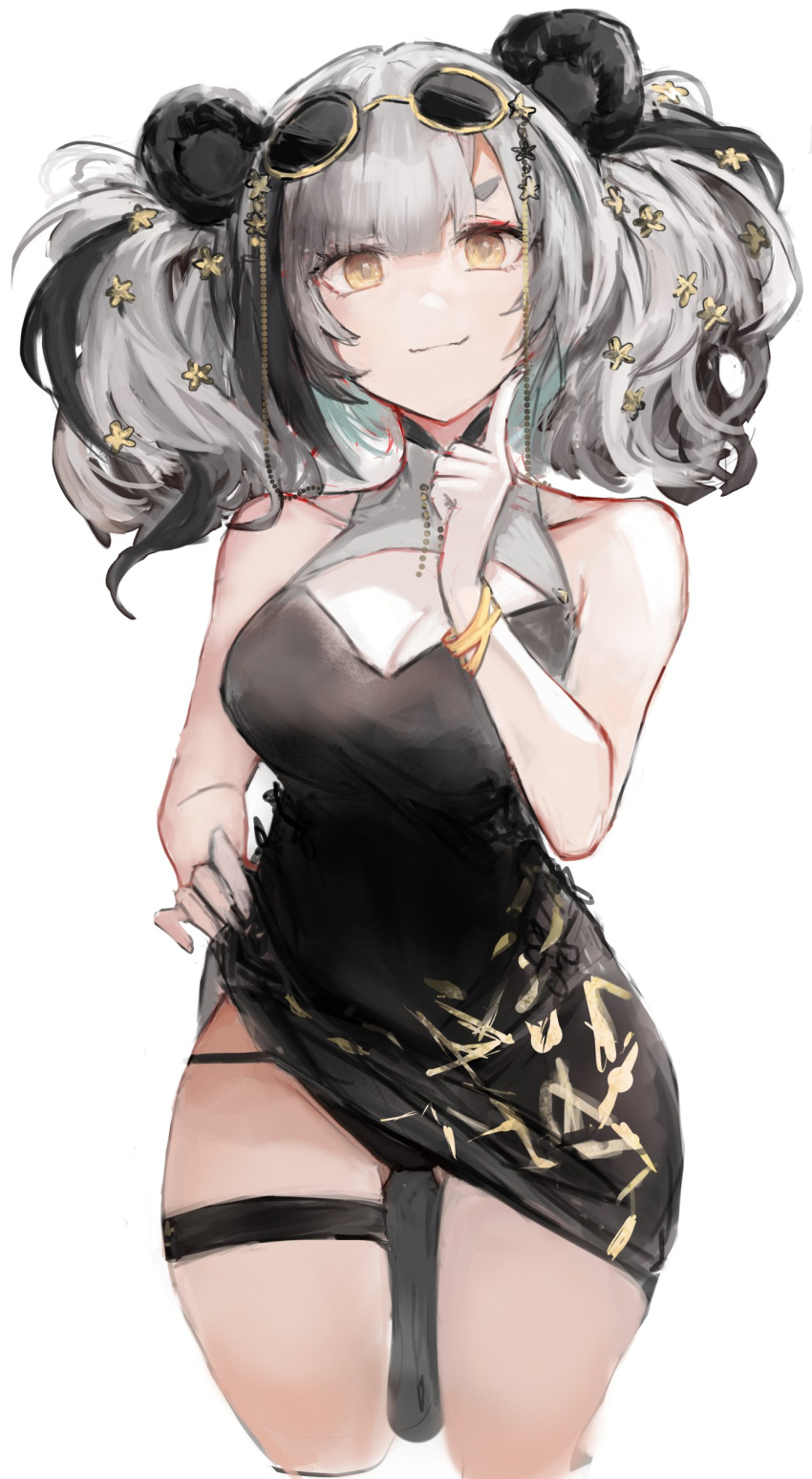 1girl absurdres animal_ears arknights bangs bare_arms bare_legs bare_shoulders black_dress black_hair bracelet breasts china_dress chinese_clothes cleavage_cutout clothing_cutout commentary cropped_legs dress dress_lift eyewear_on_head feater_(arknights) finger_to_cheek gnai grey_hair highres jewelry large_breasts looking_at_viewer multicolored_hair panda_ears round_eyewear simple_background smile solo streaked_hair sunglasses thigh_gap thigh_strap tinted_eyewear twintails wavy_hair white_background yellow_eyes