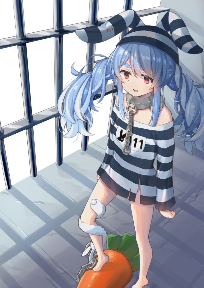 1girl absurdres animal_ears blue_hair breasts chain commentary_request don-chan_(usada_pekora) full_body highres hololive kaname_(melaninusa09) legs looking_to_the_side messy_hair multicolored_hair off_shoulder official_alternate_costume open_mouth orange_eyes oversized_clothes oversized_shirt prison_cell prison_clothes prisoner rabbit_ears rabbit_girl shadow shirt short_eyebrows sidelocks small_breasts solo streaked_hair striped striped_headwear striped_shirt thick_eyebrows torn_clothes twintails usada_pekora virtual_youtuber white_hair