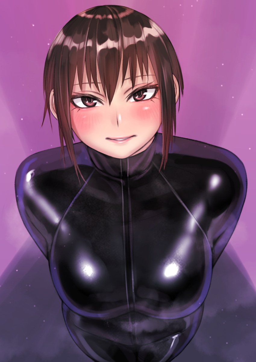 1girl black_bodysuit blush bodysuit breasts brown_eyes brown_hair highres kilye_4421 latex latex_bodysuit looking_at_viewer original short_hair skin_tight smile solo