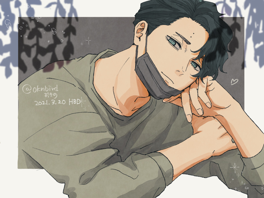 1boy bangs black_hair border grey_eyes haikyuu!! head_rest head_tilt heart hieroglyphics highres looking_at_viewer male_focus mask mask_pull mole mouth_mask okntr sakusa_kiyoomi short_hair simple_background solo twitter_username upper_body