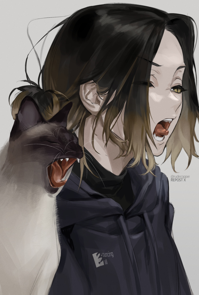 1boy animal black_hoodie black_shirt brown_eyes brown_hair cat closed_eyes commentary_request eyelashes fangs formal from_side gradient_hair grey_background haikyuu!! hair_over_one_eye highres hood hood_down hoodie keki_chogyegi kozume_kenma looking_to_the_side male_focus medium_hair messy_hair multicolored_hair one_eye_closed open_mouth shirt short_hair simple_background slit_pupils solo suit teeth tongue tongue_out twitter_username upper_body yawning