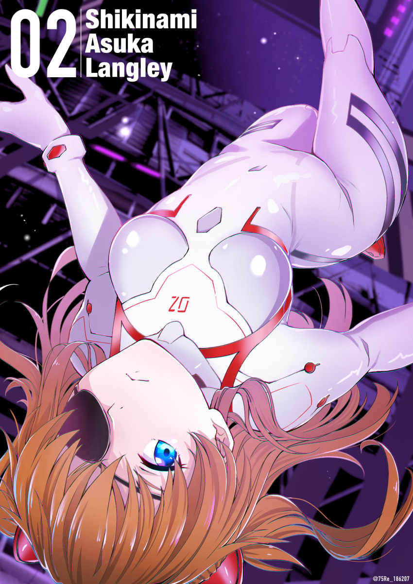 1girl blue_eyes character_name covered_navel dutch_angle evangelion:_3.0+1.0_thrice_upon_a_time frown highres interface_headset long_hair neon_genesis_evangelion plugsuit rebuild_of_evangelion rhenium shikinami_asuka_langley skin_tight solo souryuu_asuka_langley space twitter_username upside-down