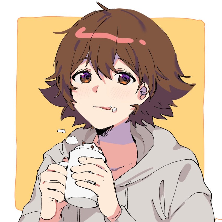 1boy alternate_costume bangs blush border brown_hair commentary cream cream_on_face cup food food_on_face grey_hoodie hair_between_eyes hands_up highres hilbert_(pokemon) holding holding_cup hood hoodie licking_lips long_sleeves looking_at_viewer male_focus mug outside_border p_(flavorppp) pokemon pokemon_(game) pokemon_bw short_hair sketch solo tongue tongue_out upper_body whipped_cream white_border
