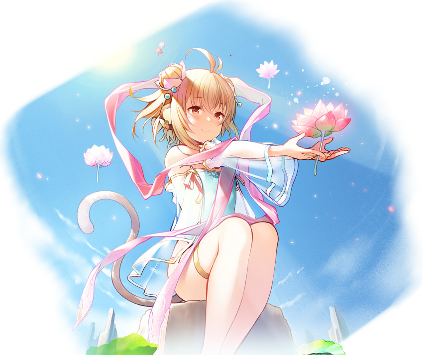 1girl andira_(granblue_fantasy) animal_ears antenna_hair bangs bare_shoulders blonde_hair breasts detached_sleeves double_bun erune eyebrows_visible_through_hair granblue_fantasy highres monkey_ears monkey_tail nekomu red_eyes see-through see-through_sleeves short_hair sitting small_breasts smile solo tail thighlet