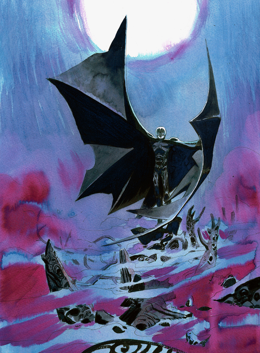 1boy arm_up bat_wings berserk black_wings commentary commission english_commentary femto_(berserk) helmet highres ink_(medium) large_wings looking_at_viewer male_focus matias_bergara outstretched_arms solo standing traditional_media watercolor_(medium) wide_shot winged_arms wings