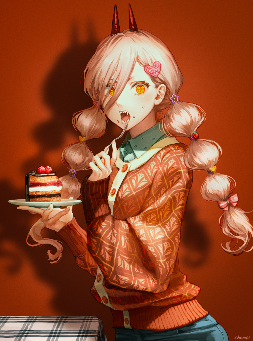 +_+ 1girl alternate_costume artist_name blonde_hair blue_shirt blush braid breasts buttons cake chainsaw_man champi chocolate_cake collared_shirt commentary cowboy_shot demon_horns eating english_commentary eyelashes fangs food food_on_face fork fruit hair_between_eyes hair_ornament hair_ribbon happy_valentine heart heart_hair_ornament highres holding holding_fork holding_plate horns lips long_hair looking_at_viewer open_mouth patterned_clothing pink_ribbon plate power_(chainsaw_man) raspberry red_background red_sweater ribbon shadow sharp_teeth shirt signature simple_background sleeves_past_wrists small_breasts solo star_(symbol) star_hair_ornament sweater tablecloth teeth tress_ribbon twin_braids twintails v-shaped_eyebrows wing_collar yellow_eyes