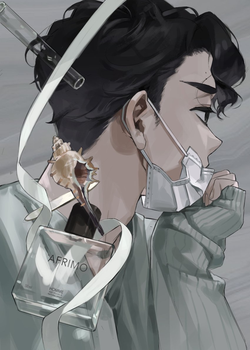 1boy absurdres bangs black_eyes black_hair bottle grey_background haikyuu!! head_rest highres keki_chogyegi looking_away male_focus mask mask_pull mouth_mask perfume_bottle ribbon sakusa_kiyoomi simple_background sleeves_past_wrists solo upper_body