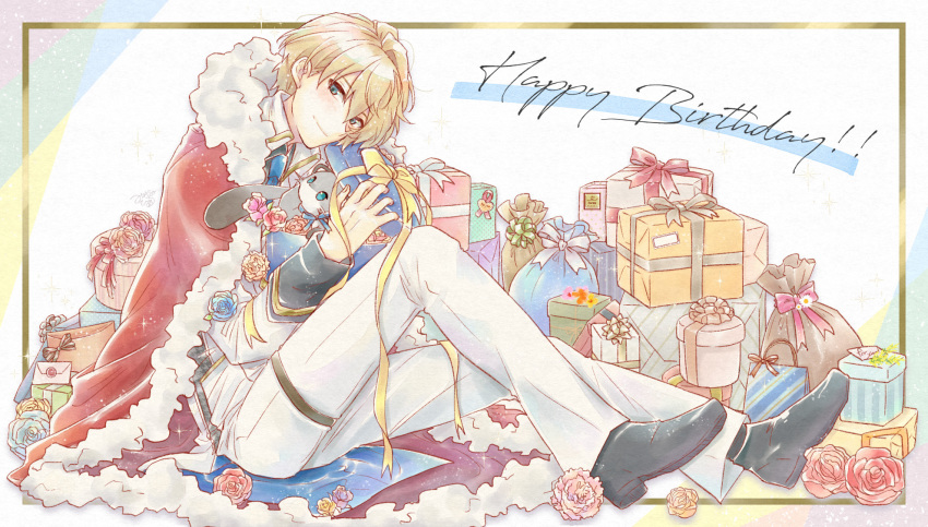 1boy black_footwear blonde_hair blue_eyes box cape closed_mouth ferret full_body gift gift_box happy_birthday highres hiyamaru holostars jacket kishido_temma light_smile long_sleeves looking_at_viewer male_focus minakami_hiro necktie pants pet red_cape sitting virtual_youtuber white_jacket white_pants wing_collar