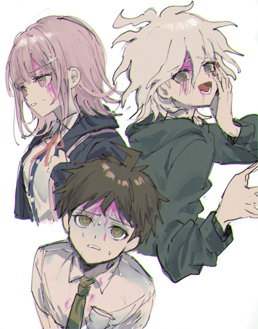 1girl 2boys ahoge backpack bag bangs black_jacket blood blood_on_face breast_pocket brown_hair collared_shirt commentary_request crazy_eyes cropped_torso dangan_ronpa_(series) dangan_ronpa_2:_goodbye_despair dress_shirt eyebrows_visible_through_hair from_side green_jacket green_neckwear hair_between_eyes hair_ornament hairclip hand_on_own_face highres hinata_hajime holding_strap hood hood_down jacket komaeda_nagito light_brown_hair long_sleeves looking_at_viewer looking_up lower_teeth messy_hair multiple_boys nanami_chiaki neck_ribbon necktie nokoru_sora open_clothes open_jacket open_mouth pink_blood pink_eyes pocket red_ribbon ribbon school_uniform shiny shiny_hair shirt short_hair simple_background sketch sweat upper_body white_background