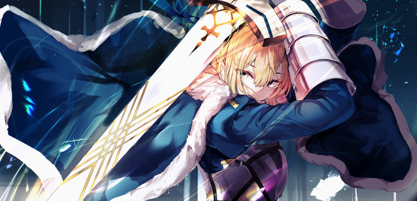 1girl armor artoria_pendragon_(all) bangs blonde_hair blue_cape blue_dress breastplate cape dress excalibur_(fate/stay_night) eyebrows_visible_through_hair fate/grand_order fate_(series) fur_cape gauntlets green_eyes hair_between_eyes highres holding holding_sword holding_weapon kooemong saber solo standing sword weapon