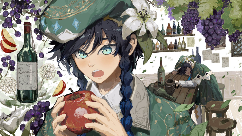1boy androgynous apple apple_slice argyle argyle_legwear bangs beer_mug beret black_hair blue_hair blush bottle braid cape chair chasefox closed_eyes collared_cape collared_shirt cup dandelion english_commentary flower food frilled_sleeves frills fruit genshin_impact gradient_hair grapes green_eyes green_headwear green_shorts hat hat_flower head_on_table high_chair highres holding holding_food holding_fruit leaf looking_at_viewer male_focus mug multicolored_hair open_mouth pantyhose poster_(object) shirt short_hair_with_long_locks shorts simple_background smile solo twin_braids venti_(genshin_impact) white_flower white_legwear white_shirt window wine_bottle