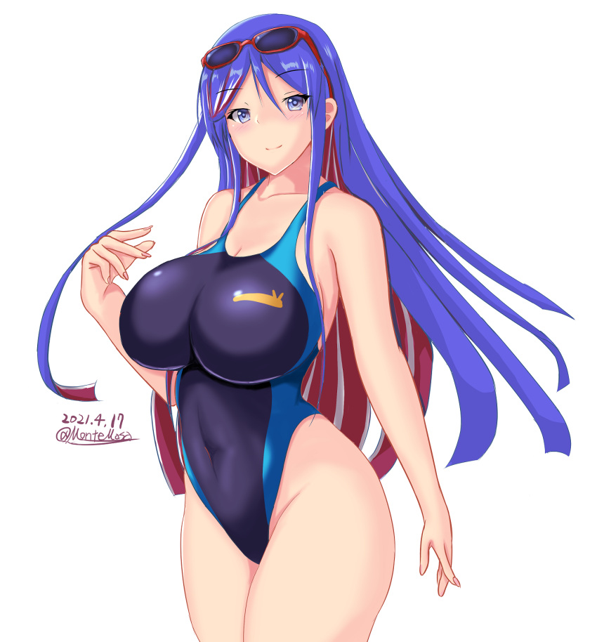 1girl blue_hair blue_swimsuit breasts competition_swimsuit dated eyewear_on_head highleg highleg_swimsuit highres impossible_clothes impossible_swimsuit kantai_collection large_breasts long_hair looking_at_viewer montemasa multicolored_hair one-hour_drawing_challenge one-piece_swimsuit redhead simple_background solo south_dakota_(kancolle) sunglasses swimsuit twitter_username white_background white_hair