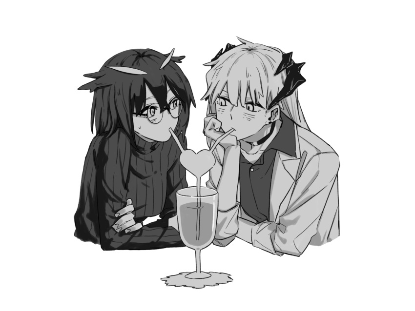 2girls arknights black_choker brown_hair choker collared_shirt crazy_straw dragon_horns drinking_straw earrings eye_contact greyscale heart_straw highres horns jewelry labcoat light_blush long_hair looking_at_another monochrome multiple_girls saria_(arknights) shared_drink shared_straw shirt short_hair silence_(arknights) simple_background sleeves_rolled_up sweater white_background white_hair yuri zy