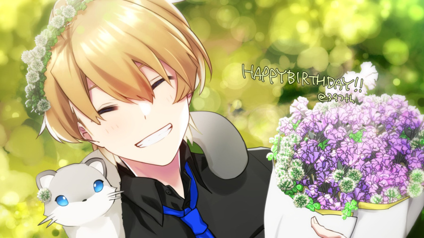 1boy ^_^ black_shirt blonde_hair blue_neckwear bouquet closed_eyes dutch_angle facing_viewer ferret flower grin happy_birthday highres hiyamaru holostars kishido_temma male_focus mudo_(saji) necktie shirt smile twitter_username virtual_youtuber