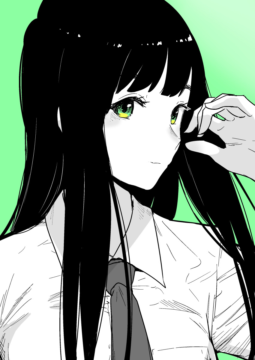 1girl absurdres bangs black_hair closed_mouth commentary detached_sleeves flying_witch green_background green_eyes grey_background head_tilt highres ishizuka_chihiro kowata_makoto limited_palette long_hair looking_at_viewer necktie official_art portrait school_uniform shirt simple_background smile solo spot_color straight_hair thick_eyebrows upper_body white_shirt