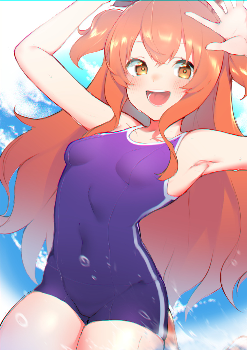 1girl :d animal_ears armpits arms_up bangs bare_arms bare_shoulders blue_swimsuit blush breasts brown_eyes brown_hair collarbone covered_navel day eyebrows_visible_through_hair hair_between_eyes highres horse_ears long_hair looking_at_viewer mayano_top_gun_(umamusume) one-piece_swimsuit open_mouth small_breasts smile solo swimsuit teriibol twintails two_side_up umamusume upper_teeth very_long_hair water_drop