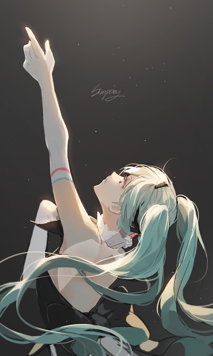 1girl absurdres aqua_eyes aqua_hair arm_up black_background black_dress commentary dress elbow_gloves english_commentary floating_hair from_behind gloves halterneck hand_on_own_chest hatsune_miku highres light_particles long_hair looking_up miku_symphony_(vocaloid) solo spotlight toory twintails upper_body very_long_hair vocaloid white_gloves