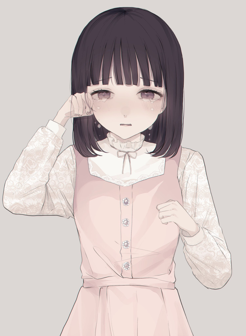 1girl bangs black_hair blush brown_eyes brown_nails commentary_request crying crying_with_eyes_open dress eyebrows_visible_through_hair grey_background hands_up highres long_hair long_sleeves looking_at_viewer original parted_lips pink_dress shirt simple_background sleeveless sleeveless_dress solo tears tsuruse upper_body wavy_mouth white_shirt wiping_tears