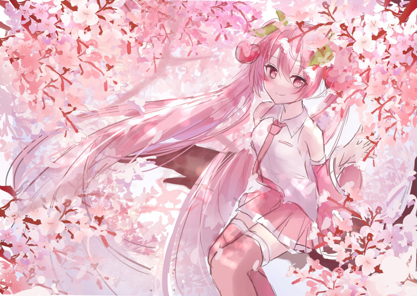 1girl absurdly_long_hair bare_shoulders branch cherry_blossoms cherry_hair_ornament commentary cowboy_shot detached_sleeves flower food_themed_hair_ornament hair_ornament hatsune_miku highres in_tree long_hair looking_at_viewer miniskirt necktie noneon319 pink_eyes pink_flower pink_hair pink_legwear pink_neckwear pink_skirt pink_sleeves pink_theme pleated_skirt sakura_miku shirt sideways_glance sitting sitting_in_tree sketch skirt sleeveless sleeveless_shirt smile solo thigh-highs tree twintails very_long_hair vocaloid white_shirt zettai_ryouiki