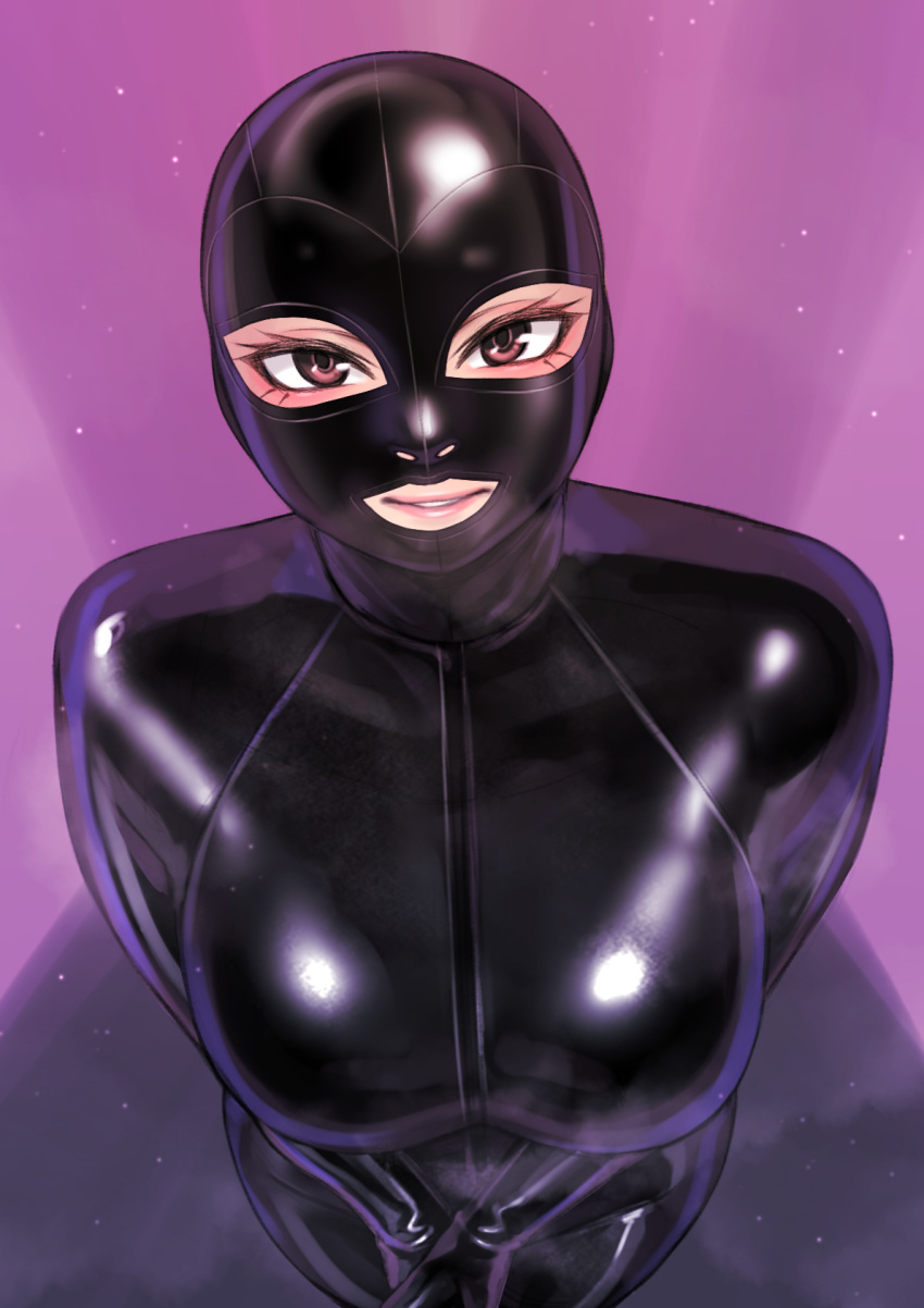 1girl black_bodysuit blush bodysuit breasts brown_eyes brown_hair highres kilye_4421 latex latex_bodysuit looking_at_viewer original short_hair skin_tight smile solo