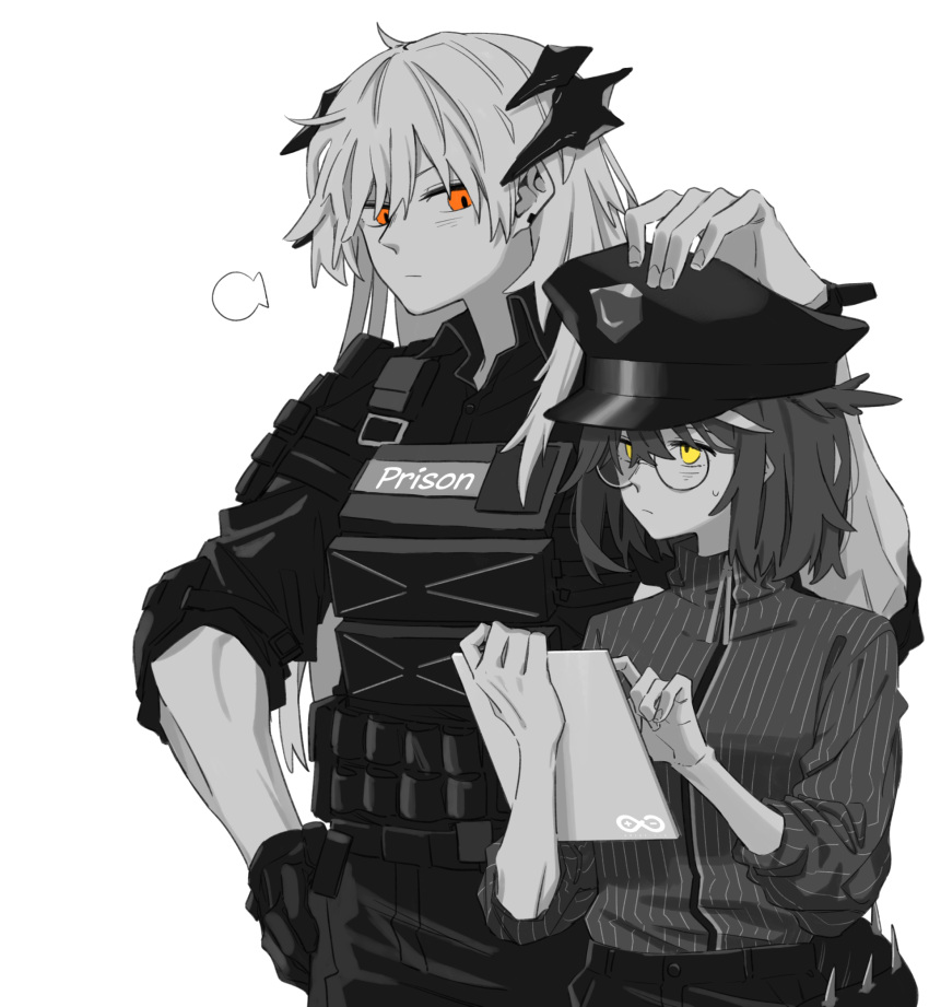 2girls arknights black_gloves blouse brown_hair collarbone dragon_tail glasses gloves greyscale hand_on_another's_head hat height_difference highres holding holding_tablet_pc long_hair monochrome multiple_girls orange_eyes police police_hat police_uniform rhine_lab_logo saria_(arknights) saria_(iron_law)_(arknights) short_hair silence_(arknights) simple_background sleeves_rolled_up spiked_tail spot_color striped_blouse sweat tablet_pc tail toned uniform white_background white_hair yellow_eyes zy