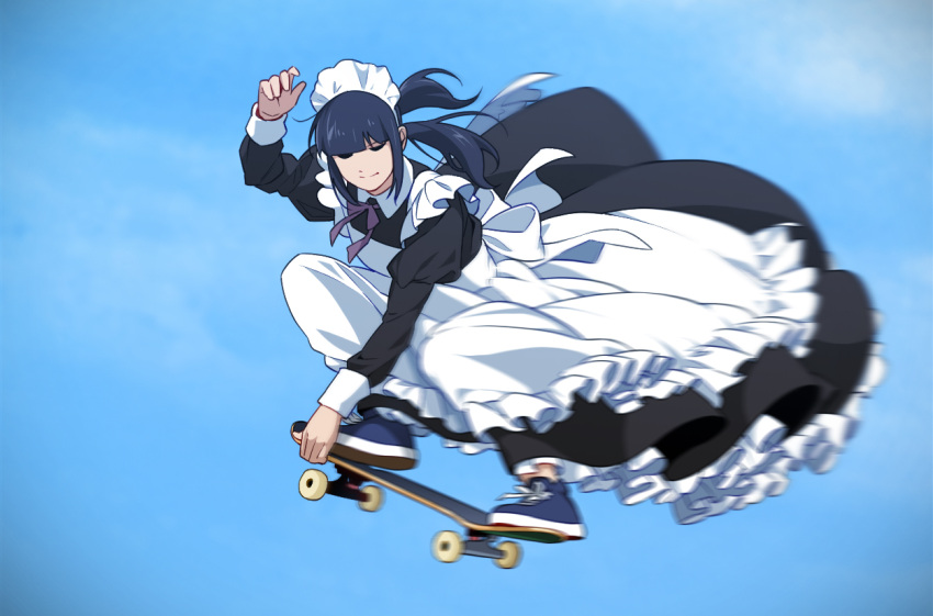 1girl apron bangs black_dress black_hair blue_footwear blue_sky closed_eyes commentary_request dress frilled_dress frills juliet_sleeves long_sleeves low_twintails maid maid_apron maid_headdress motion_blur original puffy_sleeves shoes skateboard skating sky sneakers solo suzushiro_(suzushiro333) twintails white_apron