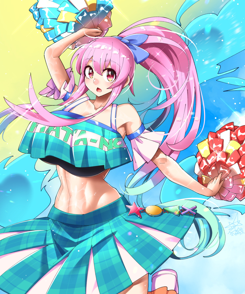 1girl abs alternate_costume aqua_skirt aqua_tank_top bangs blue_ribbon bow breasts cheerleader chestnut_mouth circle clothes_writing cross detached_sleeves eyebrows_visible_through_hair footwear_bow hair_ribbon hata_no_kokoro highres holding holding_pom_poms large_breasts leg_up long_hair looking_at_viewer midriff multicolored multicolored_background navel pink_hair pom_poms ponytail red_eyes ribbon sidelocks signature skirt solo standing standing_on_one_leg star_(symbol) touhou triangle umigarasu_(kitsune1963) white_footwear