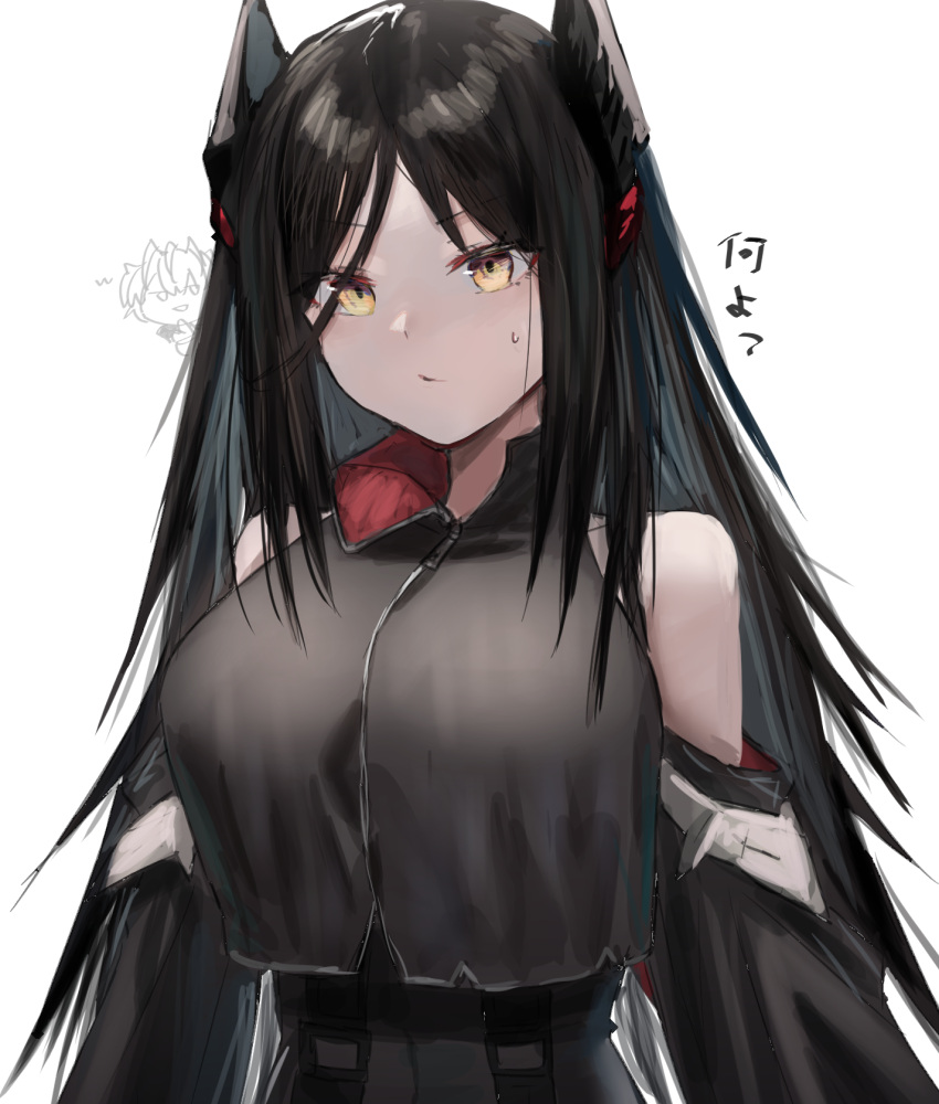2girls arknights bangs bare_shoulders black_hair blush breasts closed_mouth commentary_request demon_horns highres horns ines_(arknights) long_hair looking_at_viewer multiple_girls raw_egg_lent simple_background sweatdrop translated upper_body w_(arknights) white_background yellow_eyes