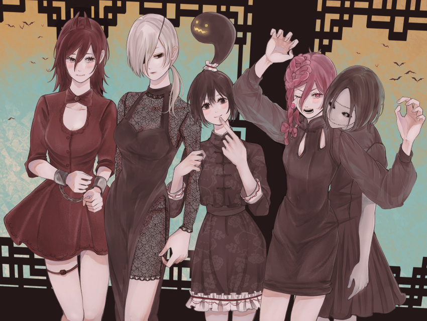 5girls absurdres alternate_costume architecture asymmetrical_hair bangs bat black_dress black_eyes black_hair black_sclera blush braid breasts center_opening chainsaw_man chinese_clothes claw_pose colored_sclera commentary cosmo_(chainsaw_man) demon_horns dress east_asian_architecture expressionless eye_pop eyelashes eyepatch finger_to_mouth halloween head_tilt heart heart-shaped_pupils highres horns huge_filesize lace_trim lips locked_arms long_(chainsaw_man) long_hair long_sleeves looking_at_another looking_at_viewer looking_to_the_side medium_breasts medium_hair multiple_girls open_mouth pale_skin parted_bangs pingtsi_(chainsaw_man) ponytail quanxi_(chainsaw_man) red_dress red_eyes see-through short_hair side_slit silver_hair small_breasts smile standing stitched_face stitches symbol-shaped_pupils tangzhuang thigh_strap toukaairab tsugihagi_(chainsaw_man)