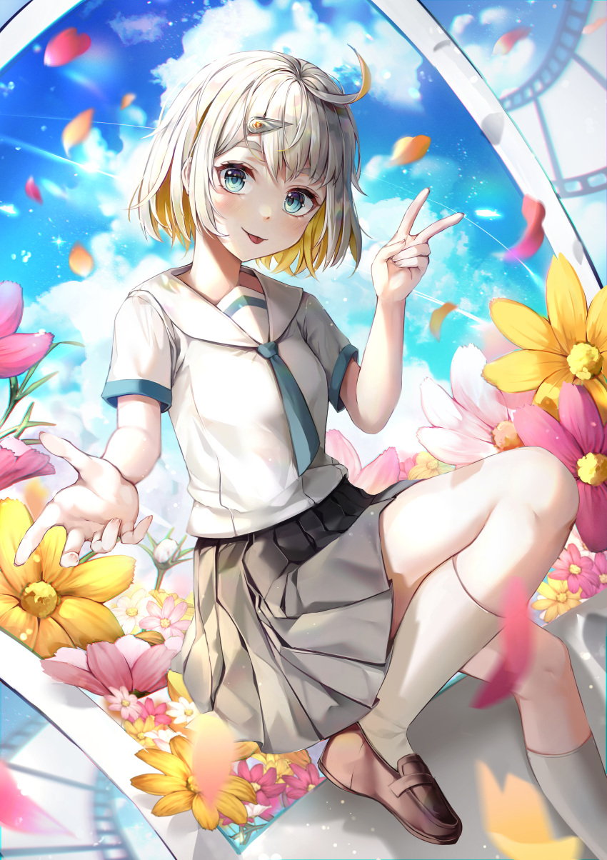 1girl :p absurdres ahoge bangs blonde_hair blue_eyes blue_neckwear blush brown_footwear character_request clouds colored_inner_hair commentary day film_strip flower foot_out_of_frame grey_skirt hair_ornament hairpin highres huge_filesize kneehighs legs loafers looking_at_viewer mirage_(rairudiseu) multicolored_hair necktie petals photo_(object) pink_flower pleated_skirt sailor_collar school_uniform serafuku shirt shoes short_sleeves skirt sky solo tongue tongue_out v white_hair white_legwear white_sailor_collar white_shirt yellow_flower zutto_mayonaka_de_ii_no_ni