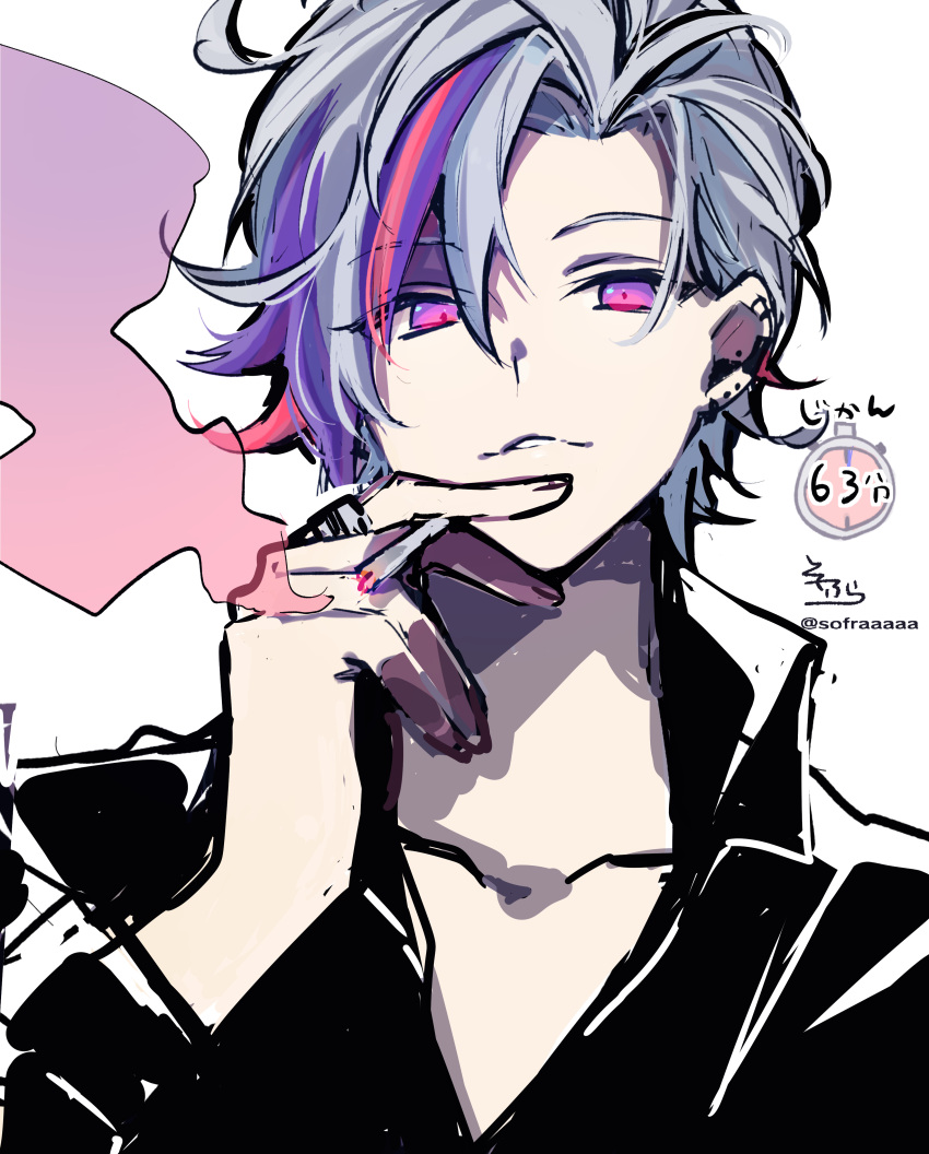 1boy absurdres bangs between_fingers black_shirt cigarette collarbone collared_shirt eyebrows_visible_through_hair fuwa_minato grey_hair hair_between_eyes hand_up highres holding holding_cigarette long_sleeves looking_at_viewer male_focus multicolored_hair nijisanji parted_bangs parted_lips purple_hair redhead shirt signature simple_background smoke sofra solo streaked_hair twitter_username upper_body violet_eyes virtual_youtuber white_background